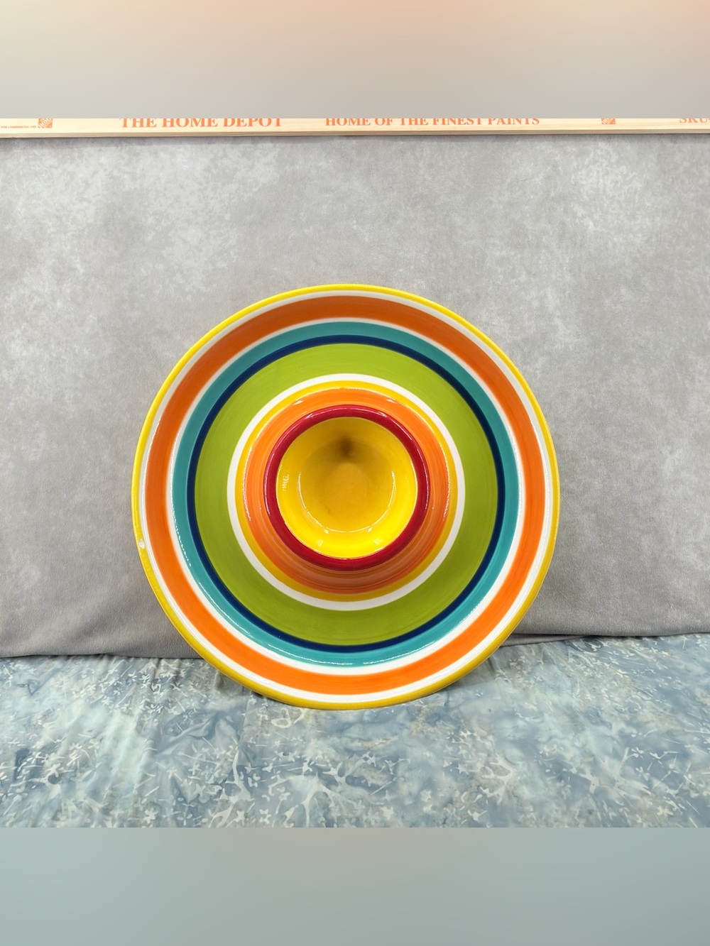 Pier 1 imports Colorful Stripe Ceramic Chip & Dip Bowl - Yellow, Orange, Green
